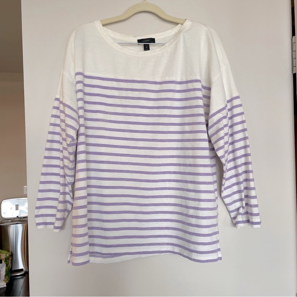 J. Crew Striped 3/4 Sleeve Top Purple & White Size XL